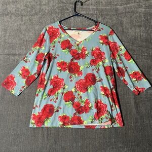 The Pioneer Woman Blue Red Rose Floral V-Neck Knit Top Shirt Blouse Small S 3/4